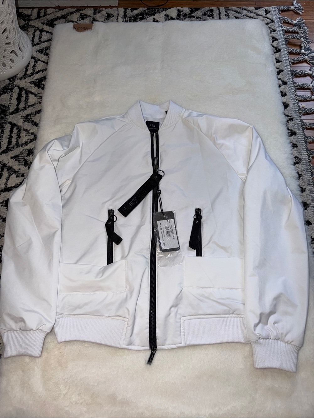 Armani Exchange White Bomber Jacket with Black Zipper Accents